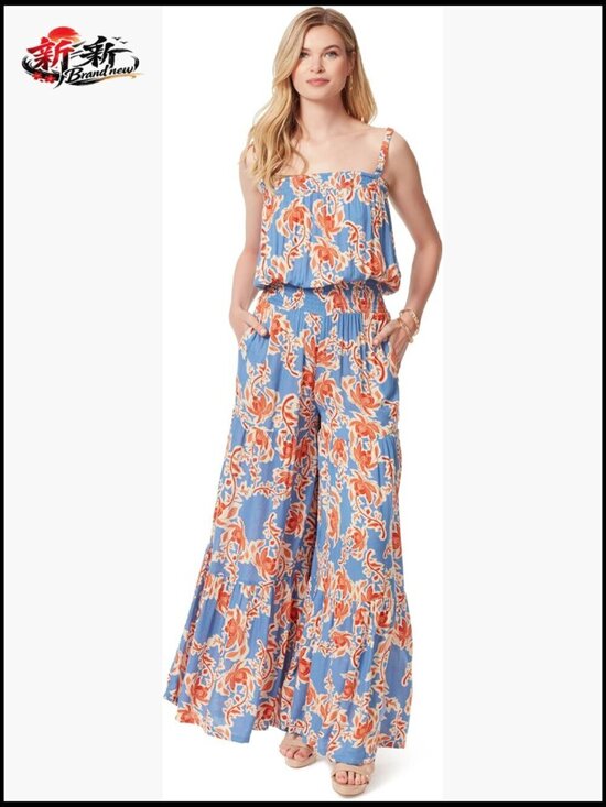 Pants - Sleeveless Jumpsuit with Smocked Neck and Pockets, 100% Viscose Fabric